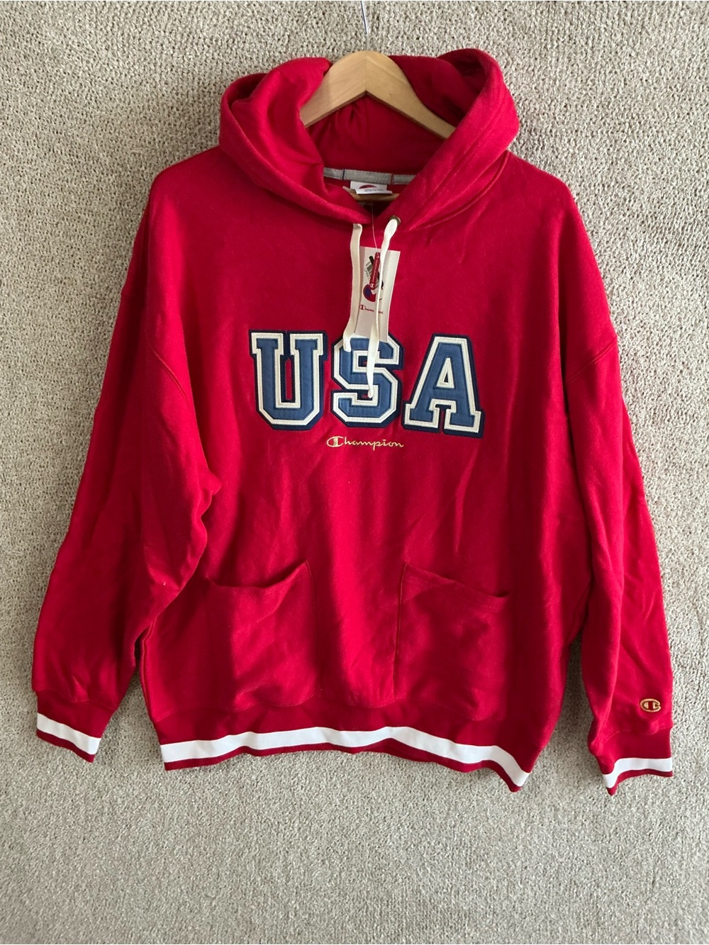 Champion Red USA Crewneck Hoodie with Contrasting Trim